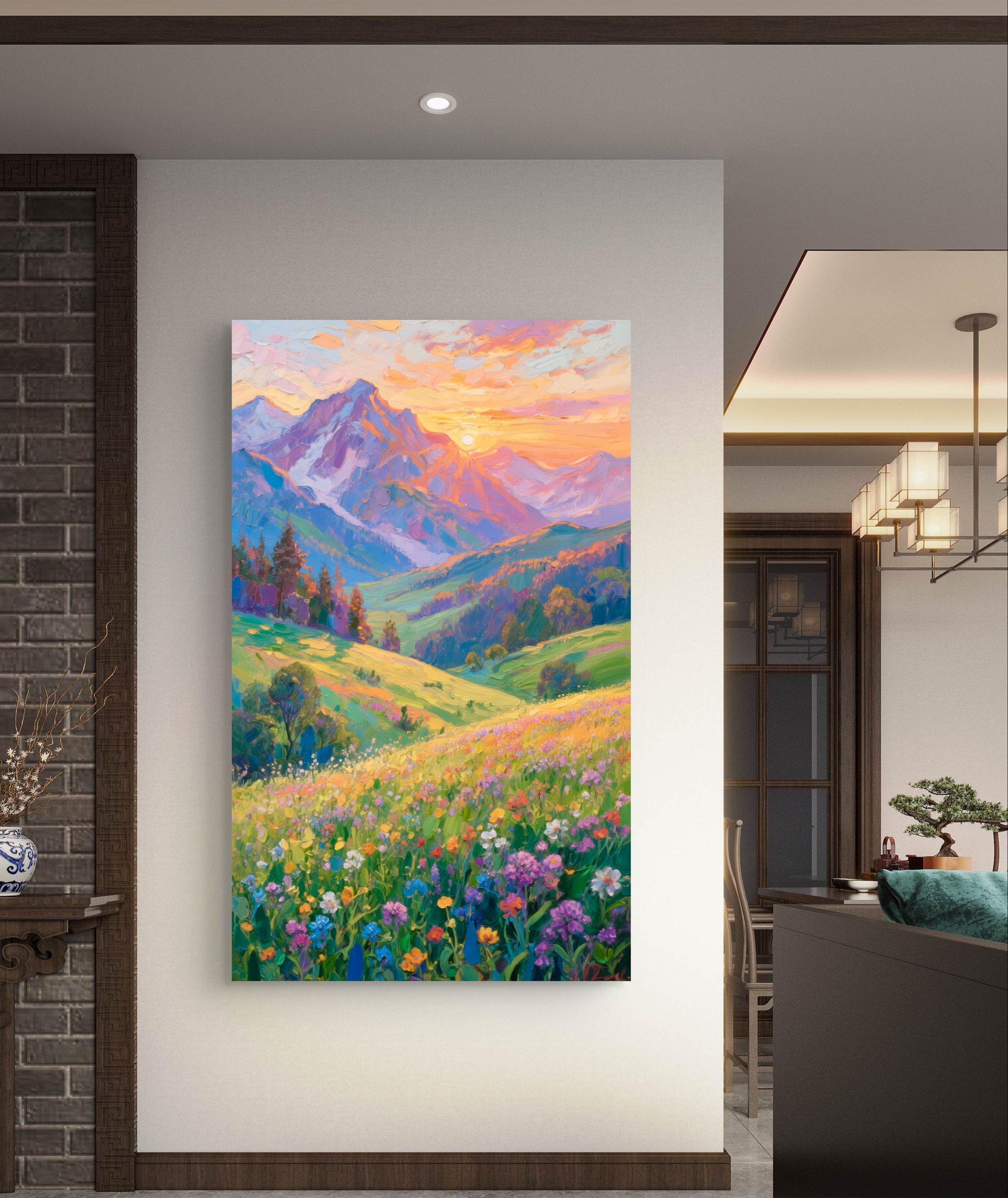 テクスチャのある山の風景油絵：3D花畑アート - Etsy 日本