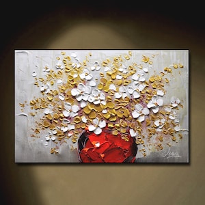 Gold White Flower Painting: 3D Textured Floral Canvas Art