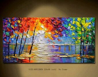 Original Colorful Lake Landscape Oil Painting on Canva,Large Textured Nature Tree Painting Boho Wall Art Living Room home decor and gifts