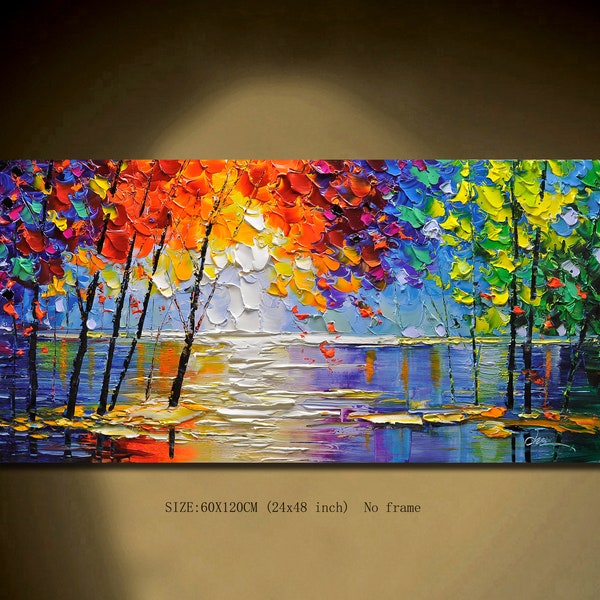 Original Colorful Lake Landscape Oil Painting on Canva,Large Textured Nature Tree Painting Boho Wall Art Living Room home decor and gifts