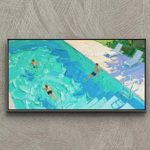 Textured Swimming Pool Painting: 3D Palette Knife Green Canvas Art