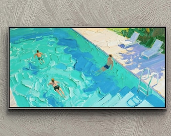 May include: An oil painting depicts a swimming pool scene with three figures swimming in the turquoise water. The artwork features a textured brushstroke style, with lounge chairs visible on the pool deck. The painting is framed in a black rectangular frame.