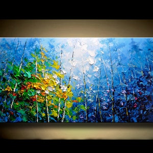 Large Forest Oil Painting On Canvas: Blue Sky Impasto Art