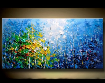 Large Original Oil Painting On Canvas Blue Sky Colorful Forest Painting Living Room Wall Art Hand-painted Heavy Textured Impasto Painting