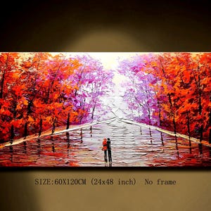 Textured Autumn Forest Oil Painting: Romantic Couple, Modern Wall Art