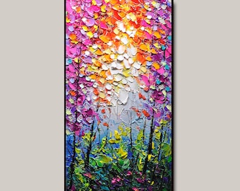 Colorful Forest art Tall Narrow wall art Forest painting  Vertical nature wall art Forest narrow Living room 3D Texture red color Wall Decor