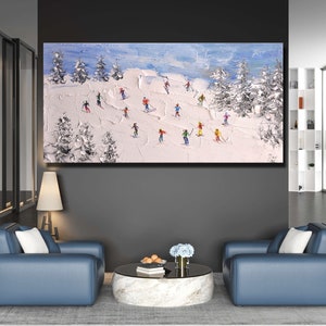 Original Skiing Painting: Textured Mountain Art on Canvas (24x46 inch) image 5