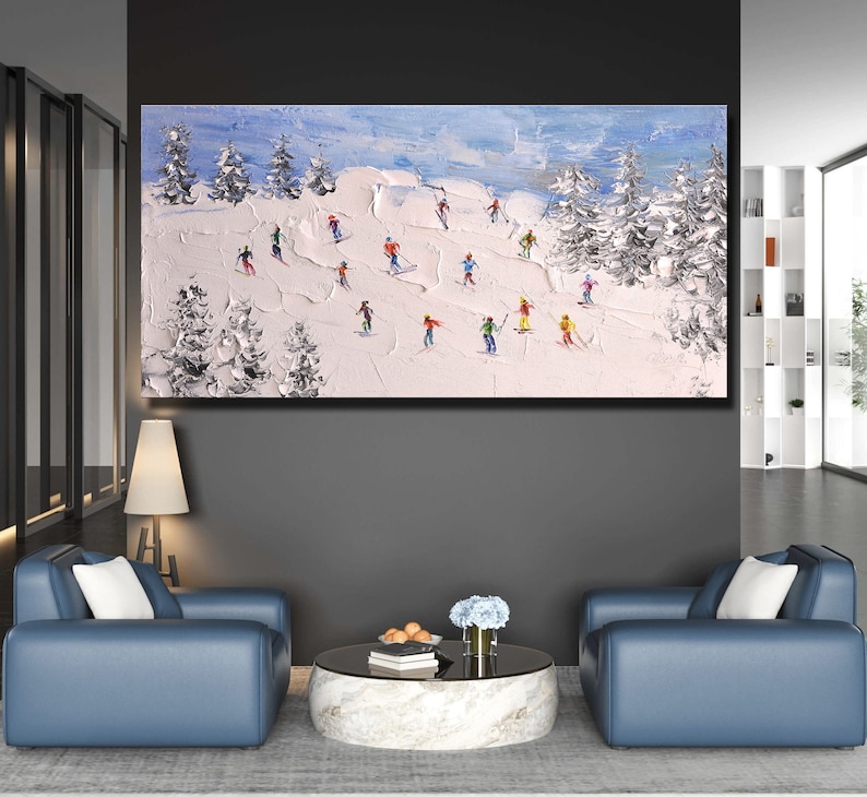 Original Skiing Painting: Textured Mountain Art on Canvas (24x46 inch) image 5