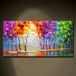 Colorful Tree Painting on Canvas Impasto Forest Wall Decor Textured Wall Art Vivid Autumn Leaves Canvas Modern Nature Decor Christmas gift