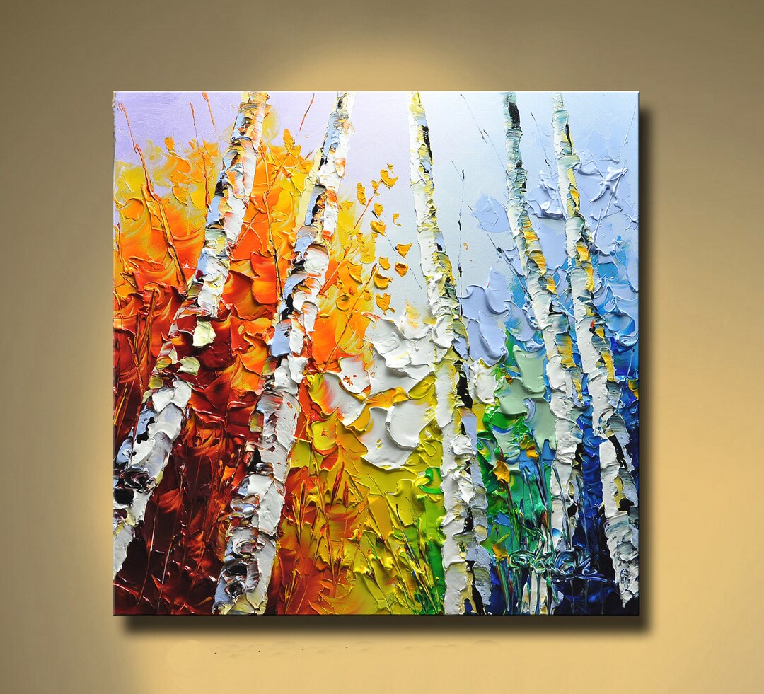 Large Birch Trees Oil Painting on Canvas Boho Wall Decor Autumn Birch ...