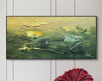 テクスチャ加工のグリーンゴルフアート、3Dパレットナイフペイント、モダンなスポーツ装飾