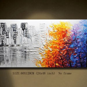 City Skyline Oil Painting Textured Impasto 3D Trees Wall Art