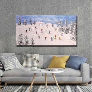 Original Skiing Painting: Textured Mountain Art on Canvas (24x46 inch) image 2