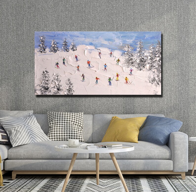 Original Skiing Painting: Textured Mountain Art on Canvas (24x46 inch) image 2