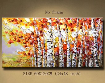 Textured Birch Tree Painting Autumn Forest Landscape Wall Art