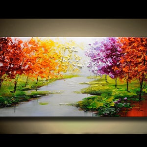Custom Large Abstract Forest Oil Painting on Canvas, Colorful  Tree Wall Art for Modern Living Room Decor