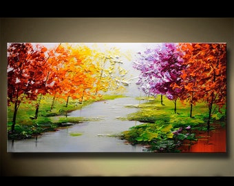 Custom Large Abstract Forest Oil Painting on Canvas, Colorful  Tree Wall Art for Modern Living Room Decor