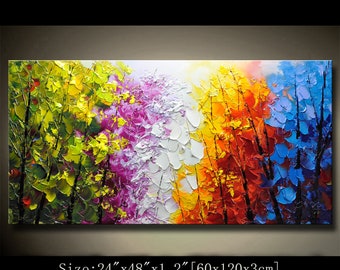 Textured Palette Knife Oil Painting: Colorful Forest Landscape Wall Art