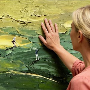 Golfkunst met textuur, groen paletmesschilderij, modern sportdecor afbeelding 4