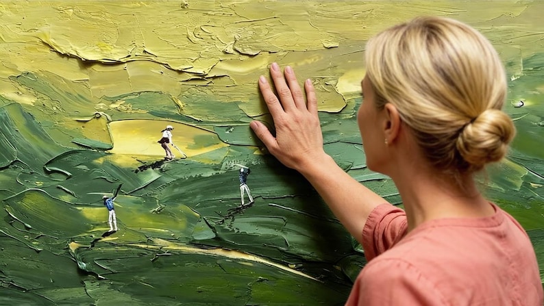 Golfkunst met textuur, groen paletmesschilderij, modern sportdecor afbeelding 4