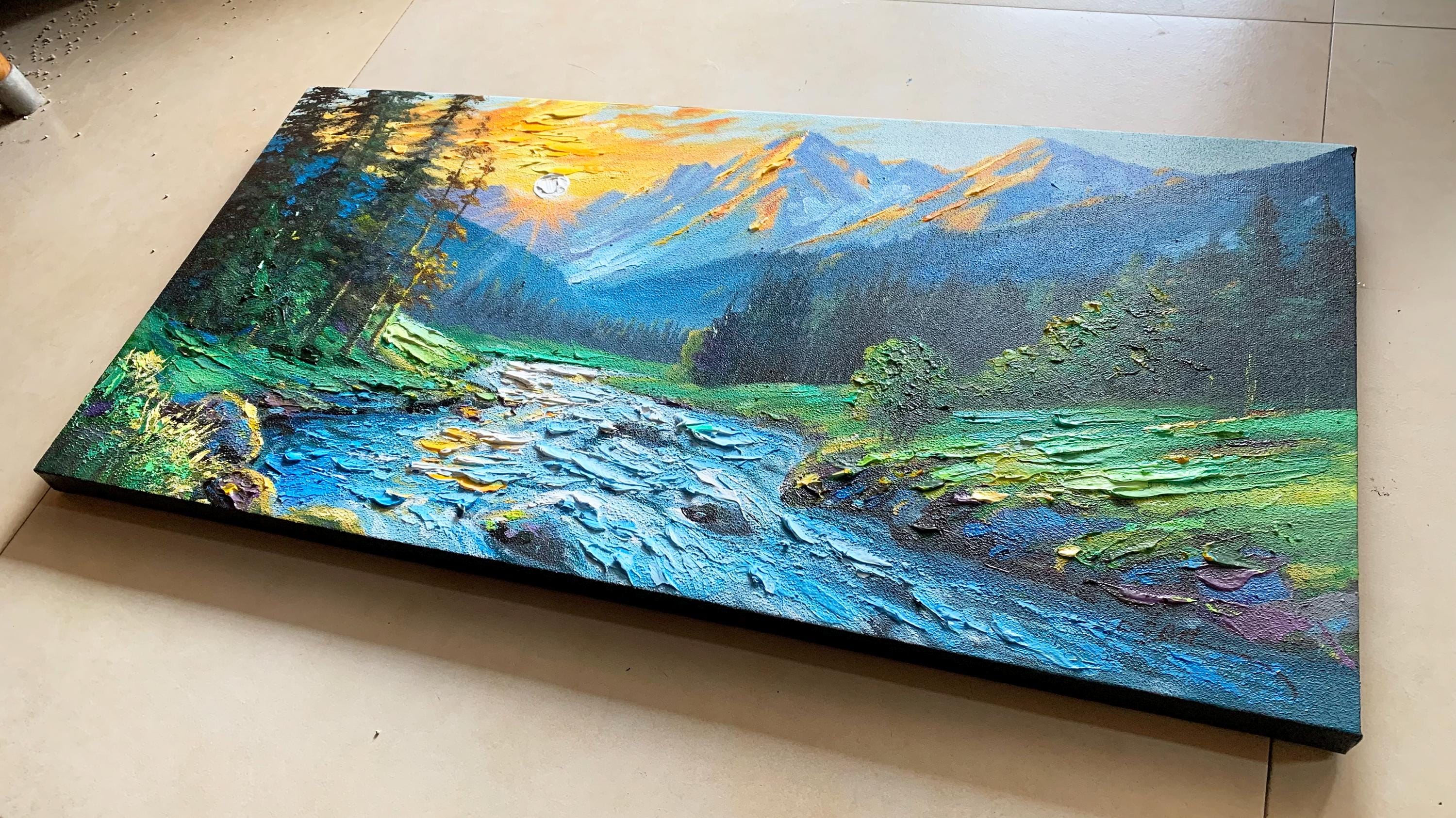 Mountain Landscape Painting 3D Textured Abstract Blue Nature Art ...