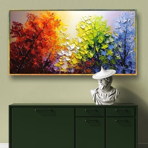 Vibrant Flower Tree Knife Painting,Unique Colorful Abstract Nature Forest Landscape Painting,Custom Living Room Home Decor,birthday gifts image 6