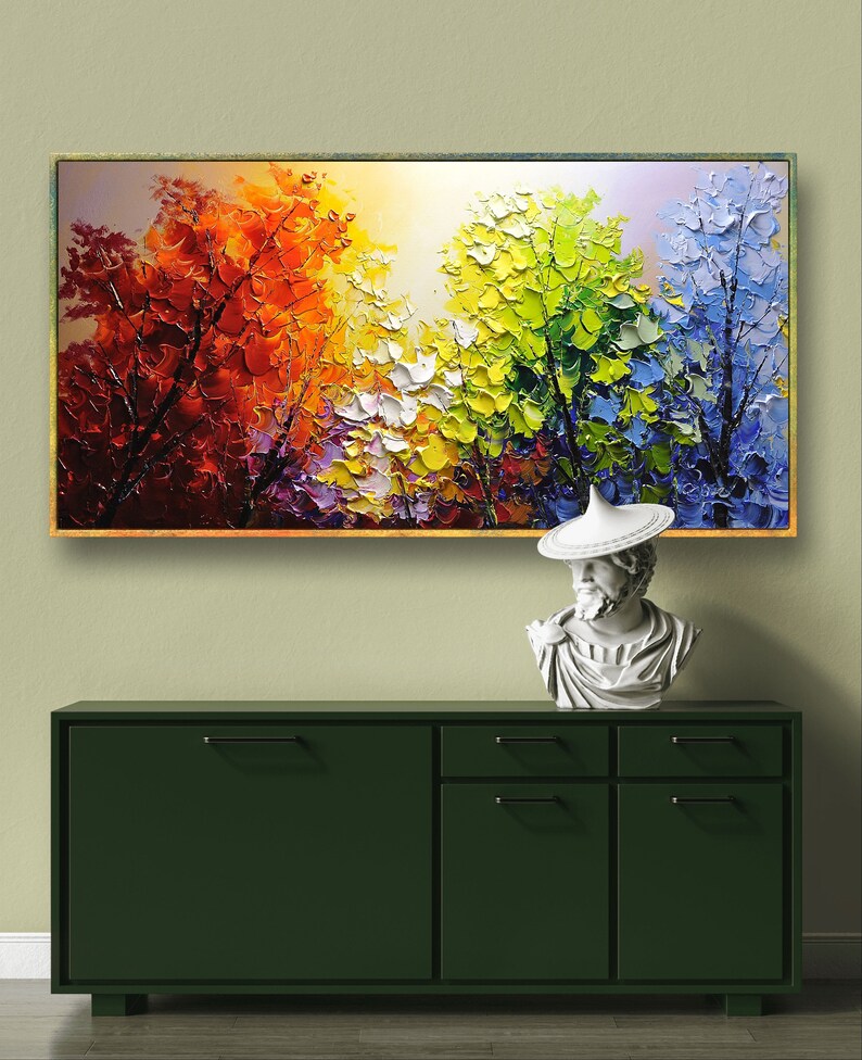 Vibrant Flower Tree Knife Painting,Unique Colorful Abstract Nature Forest Landscape Painting,Custom Living Room Home Decor,birthday gifts image 6