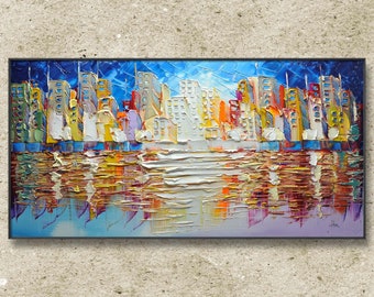 Abstract City Skyline  New York Wall Art  Cityscape Painting Colorful Textured Picture for Living Room Bedroom Home Office Decor