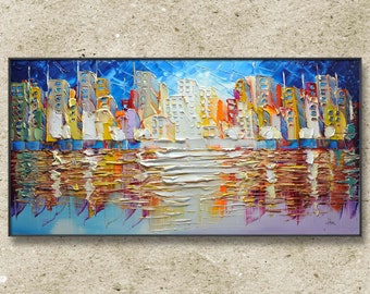Abstract New York Cityscape Painting: Textured Acrylic Skyline Art