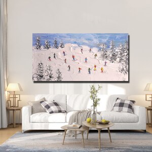 Original Skiing Painting: Textured Mountain Art on Canvas (24x46 inch) image 4