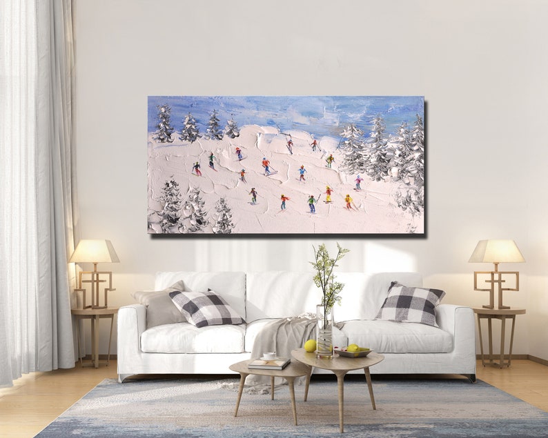 Original Skiing Painting: Textured Mountain Art on Canvas (24x46 inch) image 4