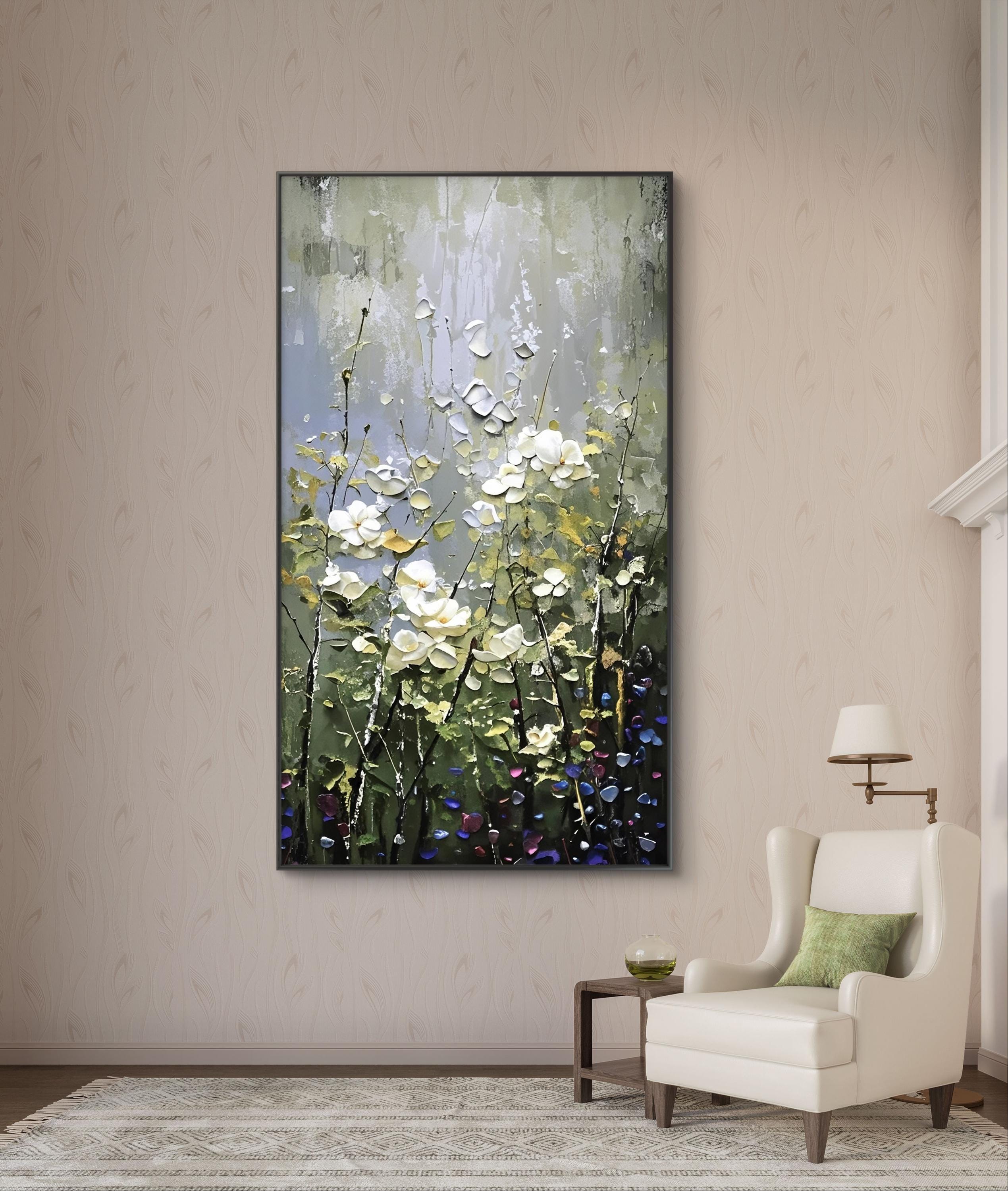緑の森の絵画、縦長のキャンバスアート、抽象的な花の風景 - Etsy 日本