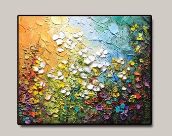 Original Colorful Floral Oil Painting On Canva, Large Wall Art,Abstract 3d Flower Wall Decor, Custom Painting,Texture Green color Wall Decor