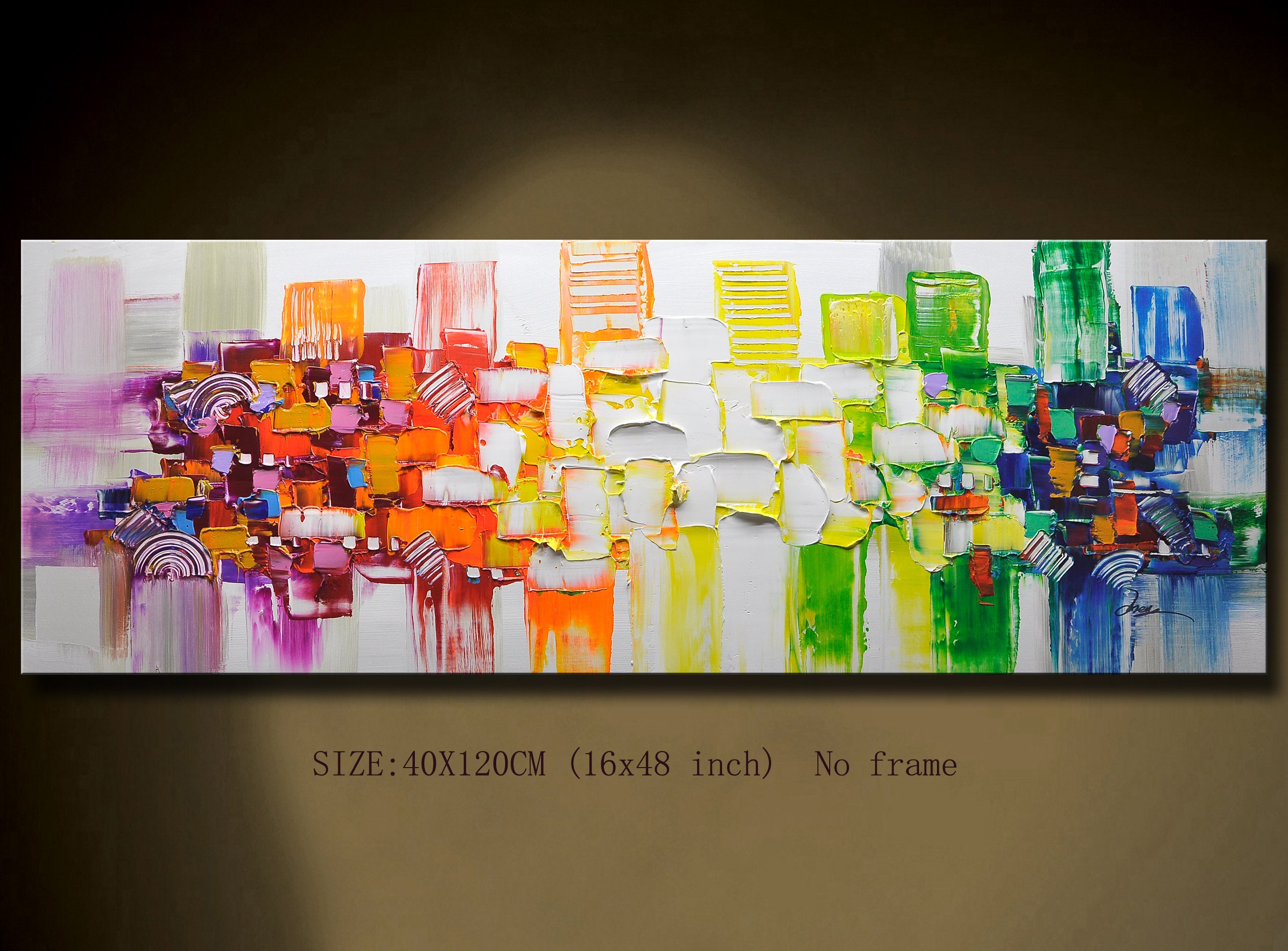 Colorful Abstract Cityscape Painting, Palette Knife Textured