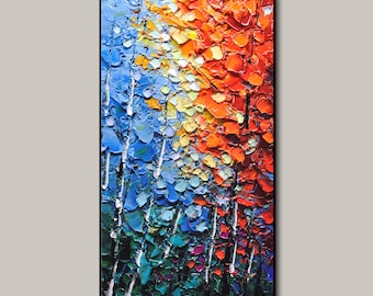 Colorful Forest Painting,Tall vertical canvas wall art ,tree canvas abstract,Long Narrow wall decor, 3D Texture Blue red color Wall Decor