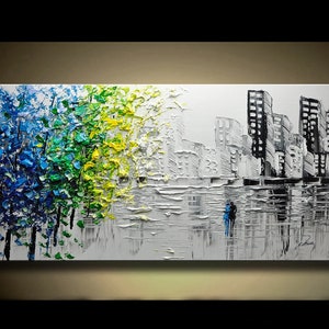 Abstract Cityscape Painting: Palette Knife Impasto Tree Landscape