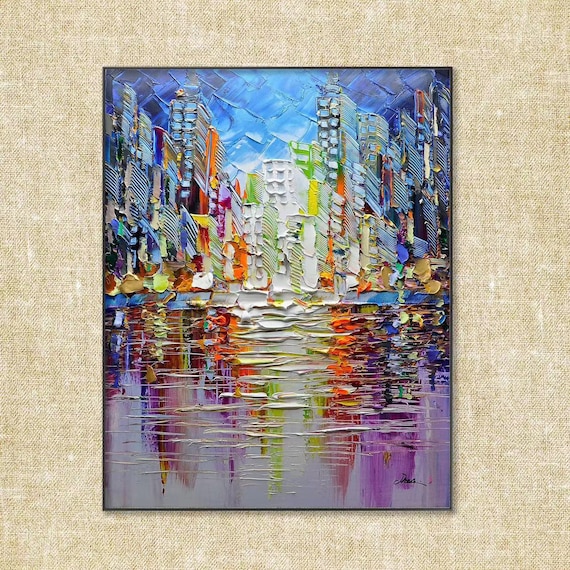 Textured Abstract Cityscape Oil Painting: Blue Vertical Wall Art