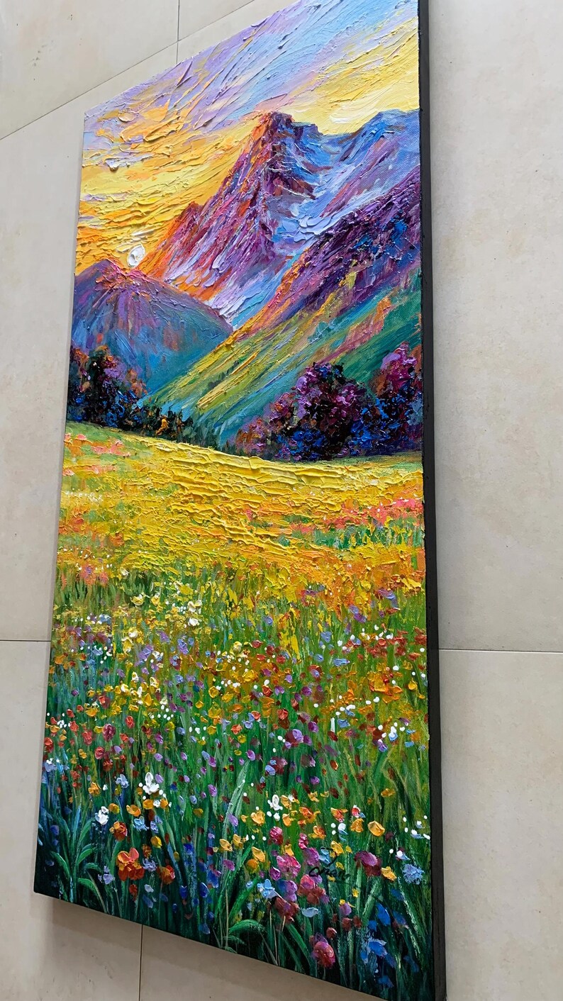 3D Wildflower Field Canvas Art Textured Mountain Landscape Painting ...