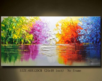Large Original Oil Painting On Canvas,Landscape Colorful Forest Painting,Living Room Wall Art,Hand-painted Heavy Textured Impasto Painting