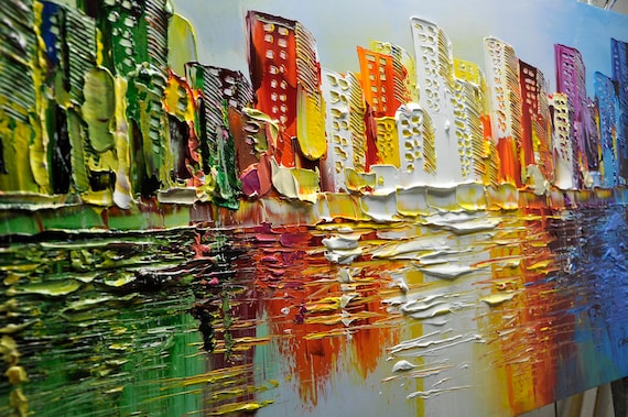 Large Abstract Cityscape Painting: Colorful Textured Skyline Art