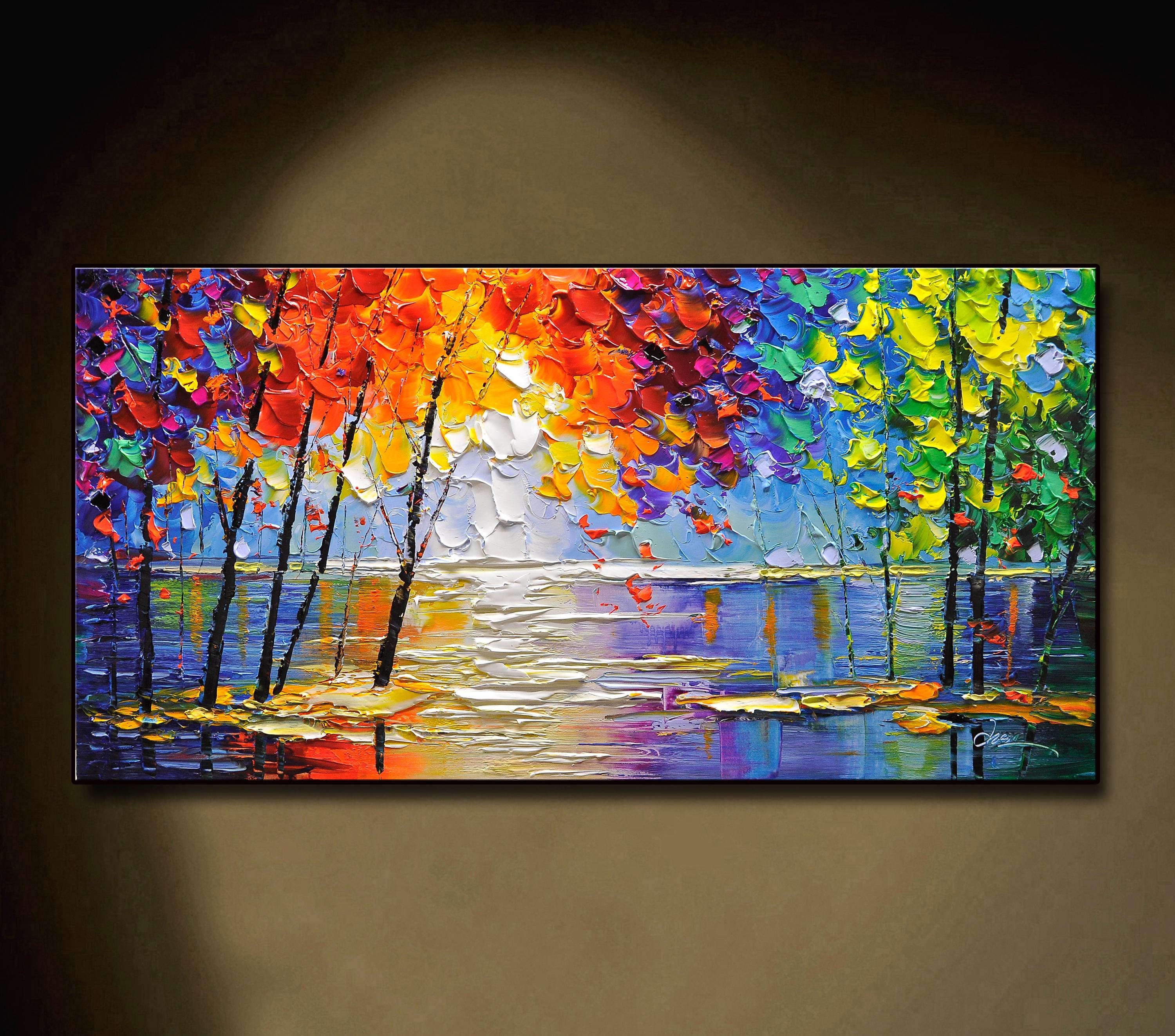 Textured Lake Landscape Oil Painting, Colorful Boho Tree Art - Etsy