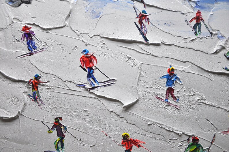 Original Skiing Painting: Textured Mountain Art on Canvas (24x46 inch) image 9