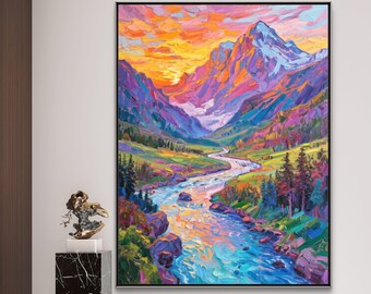 テクスチャのある山の風景油絵：3D花畑キャンバスアート - Etsy 日本
