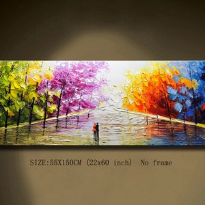 May include: A painting depicting a couple walking through a colourful forest. The trees are painted in shades of green, purple, orange, and blue. The couple are silhouetted against the trees and the sky. SIZE: 55X150CM (22x60 inch) No frame