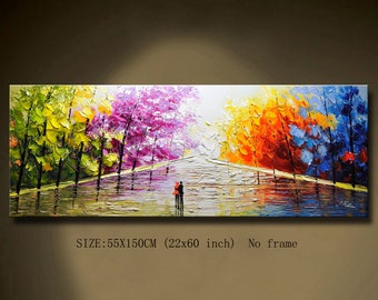 May include: A painting depicting a couple walking through a colourful forest. The trees are painted in shades of green, purple, orange, and blue. The couple are silhouetted against the trees and the sky. SIZE: 55X150CM (22x60 inch) No frame