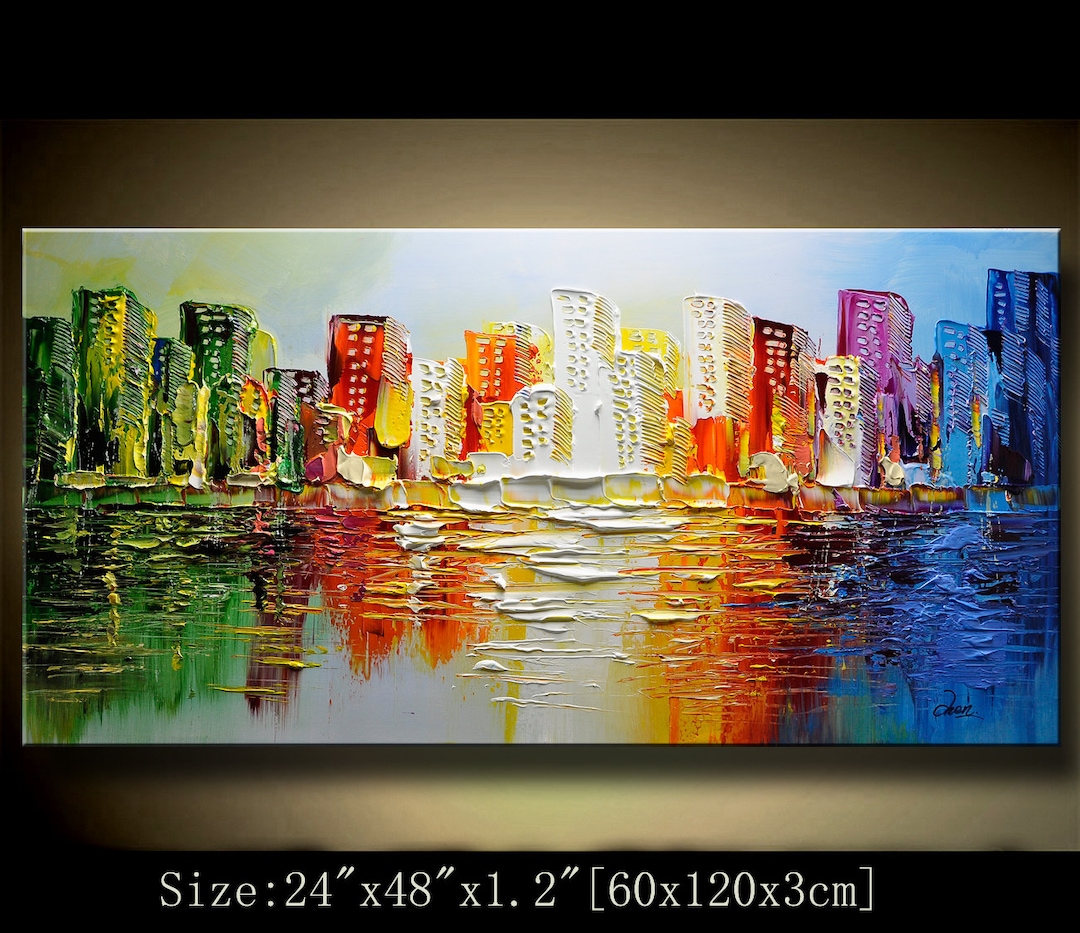 View of Large Abstract Cityscape Painting on Canvas, Colorful Skyline Textured ...