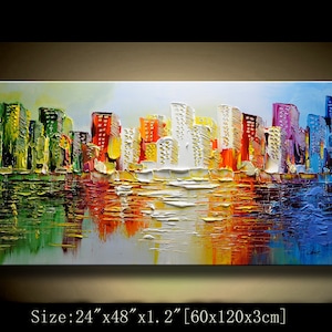 Large Abstract Cityscape Painting On Canvas, Colorful Skyline Textured Picture for Living Room Bedroom Home Office Decor ,Knife Abstract Art