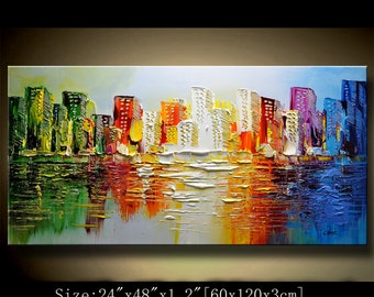 Pintura abstracta de gran paisaje urbano: arte de horizonte con textura colorida