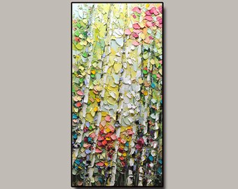 20x40 Inches Original Green Forest Painting On Canvas , Birch Trees,Tall vertica canvasl wall art ,Long Narrow wall decor ,Personalized Gift