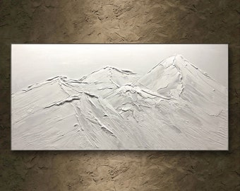 Original 3D White Mountain Painting on Canvas Plaster Style Textured Wall Art  Living Room Decor Boho Modern Canvas